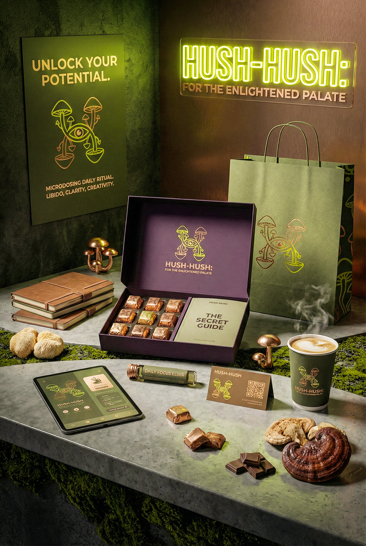 HUSH-HUSH - Functional Mushroom Chocolate Branding Image 3