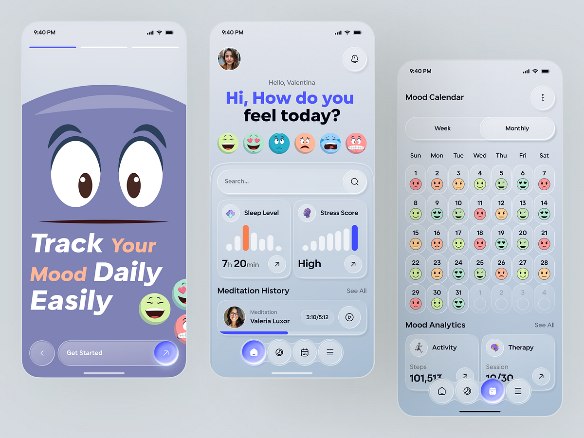 Daily Mood Tracker App UI – Clean Mental Health UX Design