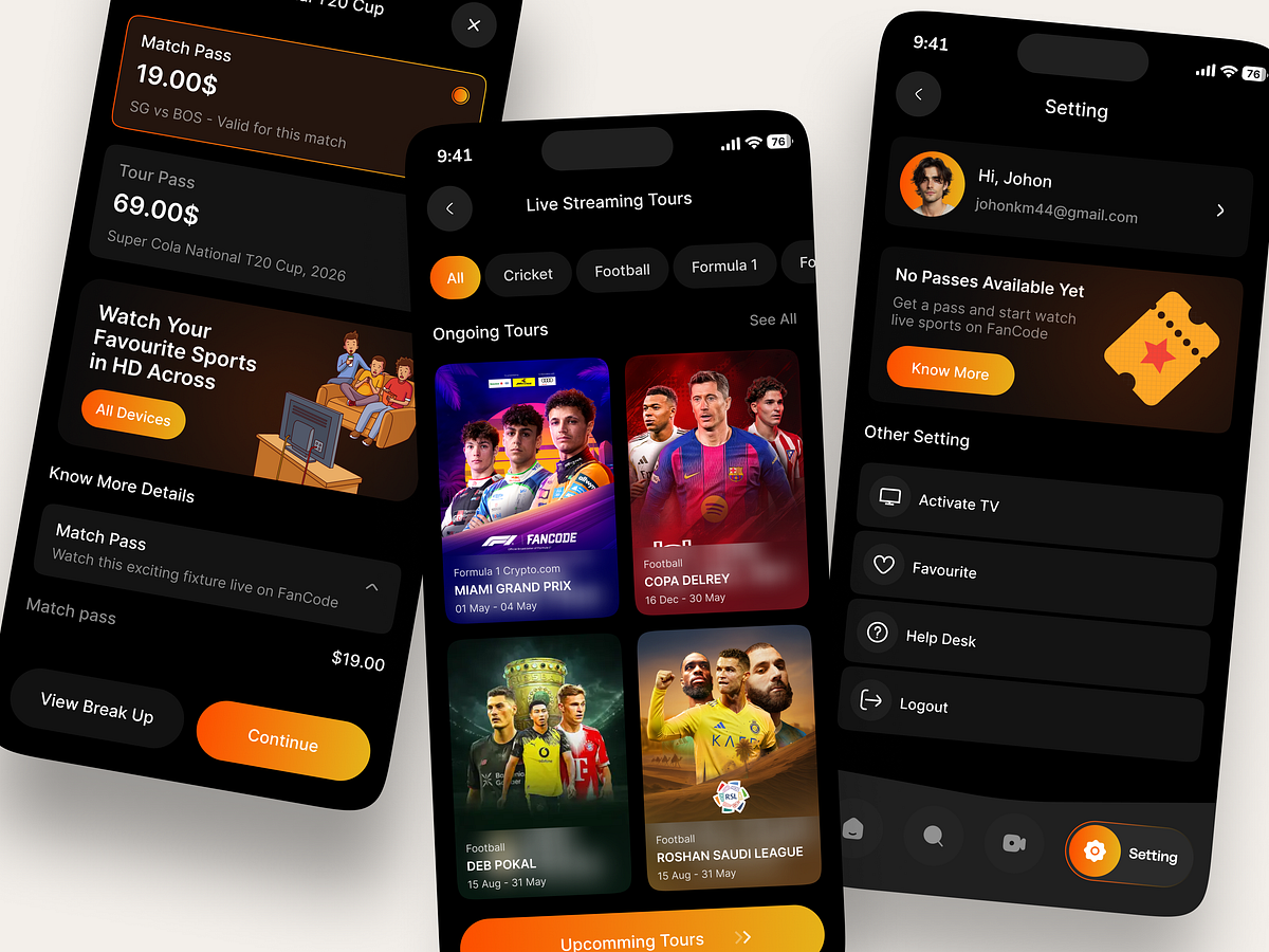 Live Sports App UI Design | Sports Streaming, Match Tickets & To