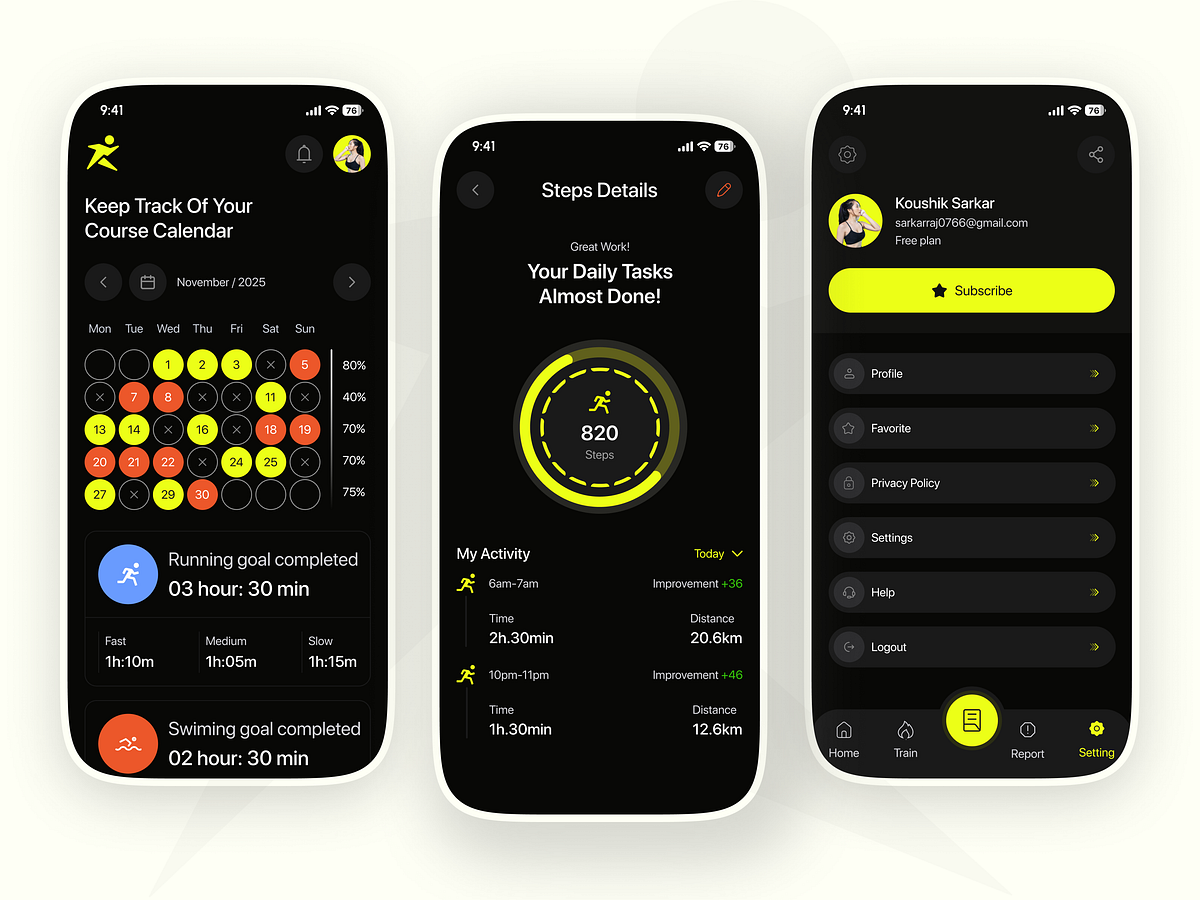 Fitness Tracker Mobile App UI/UX Design Activity, Steps & Workou