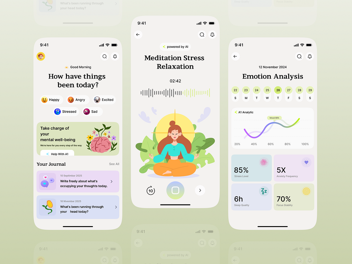 Mental Health App Design AI Mood Tracking, Meditation & Wellness