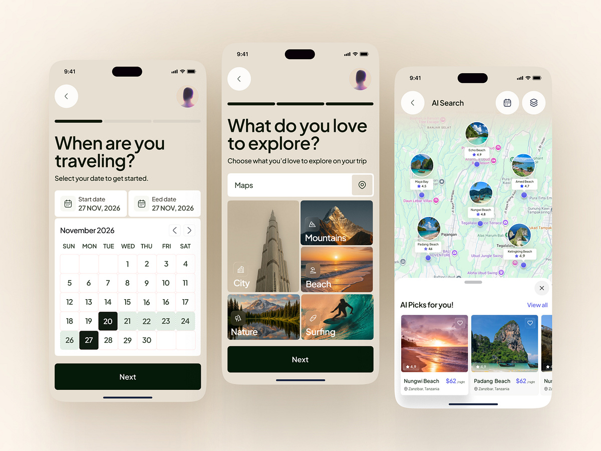 AI Travel Planner Mobile App – Smart Trip Planning & Booking UI