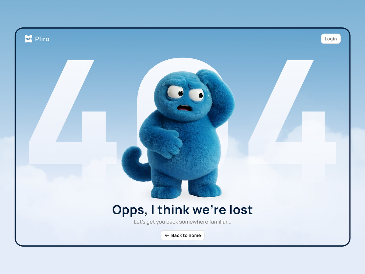 Pliro — 404 Error Page with 3D Mascot Image 0