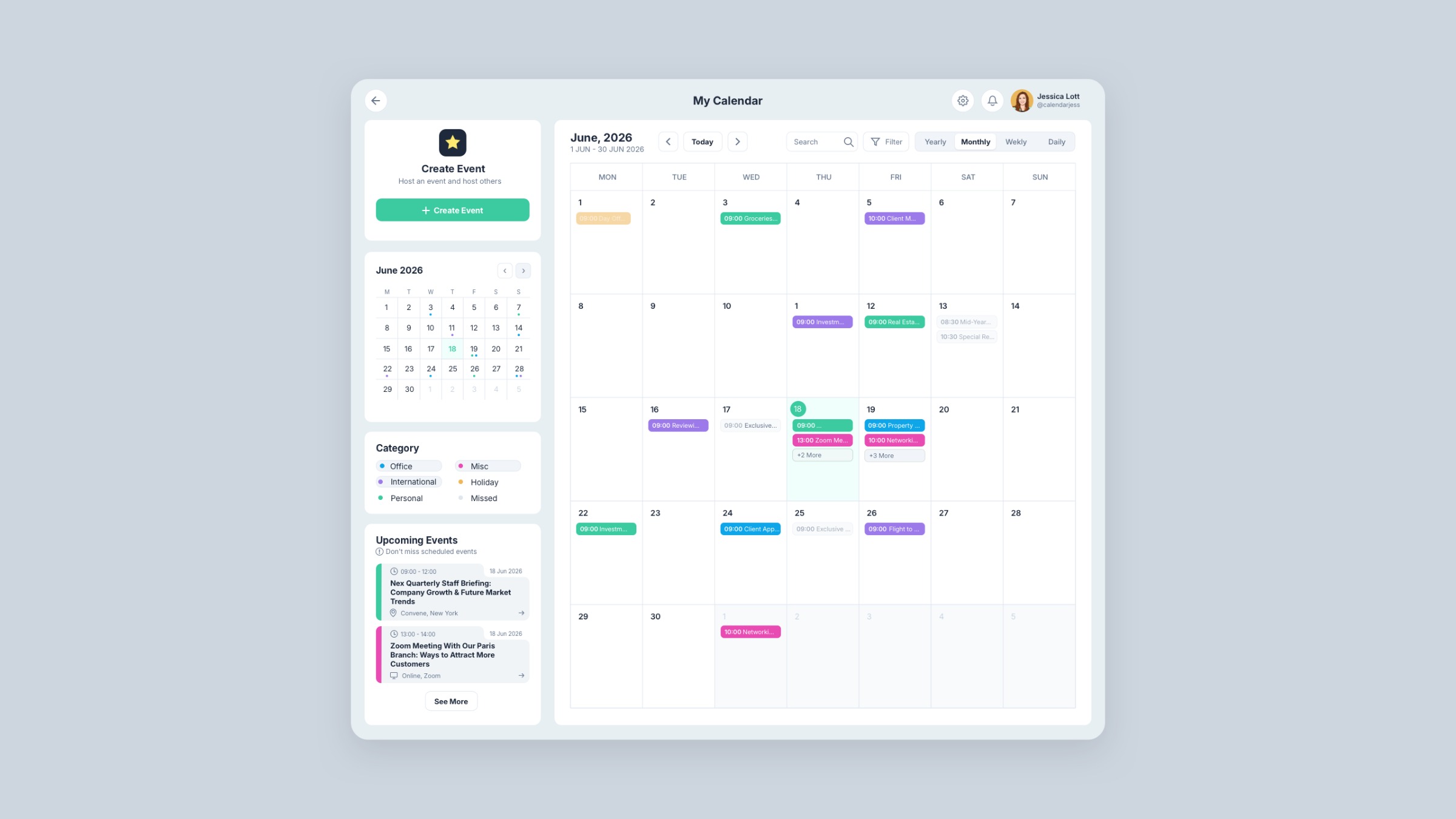Calendar Dashboard UI - June 2026 | Figma Freebie