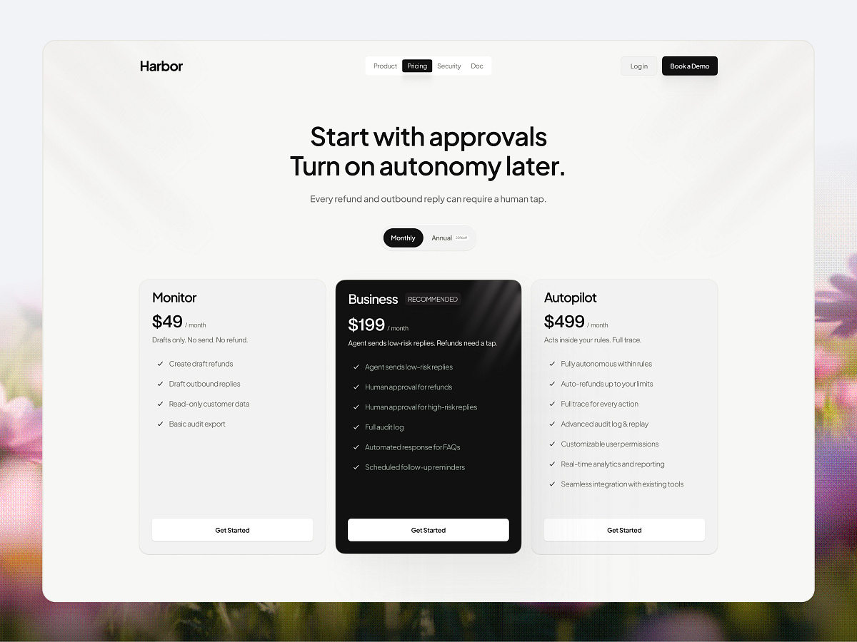 Harbor – Human-in-the-Loop AI Support SaaS Pricing Page UI
