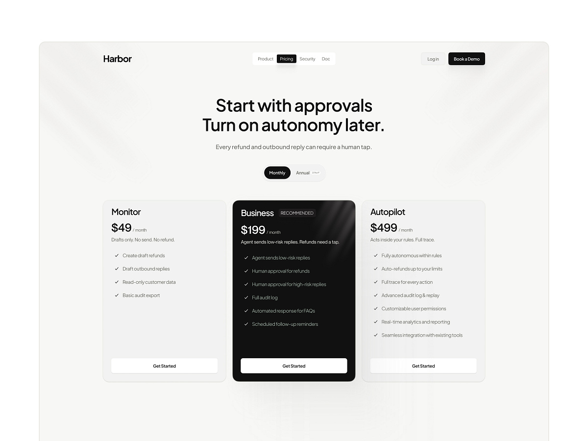 Harbor – Human-in-the-Loop AI Support SaaS Pricing Page UI Image 0