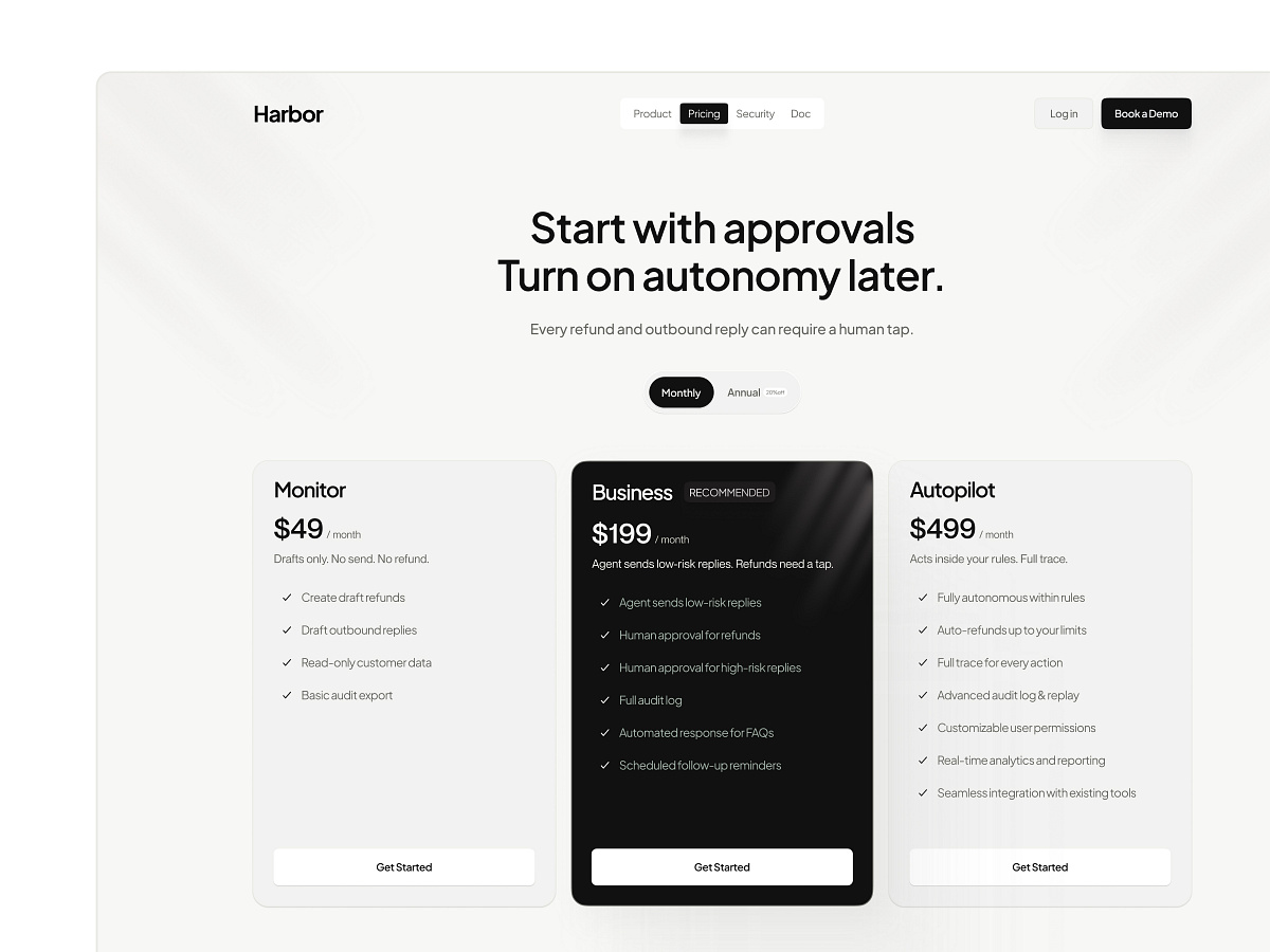 Harbor – Human-in-the-Loop AI Support SaaS Pricing Page UI Image 1