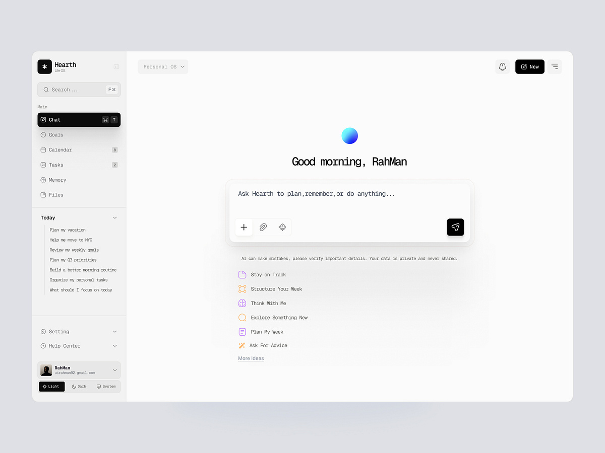 AI Life Management Operating System & Productivity Dashboard UI