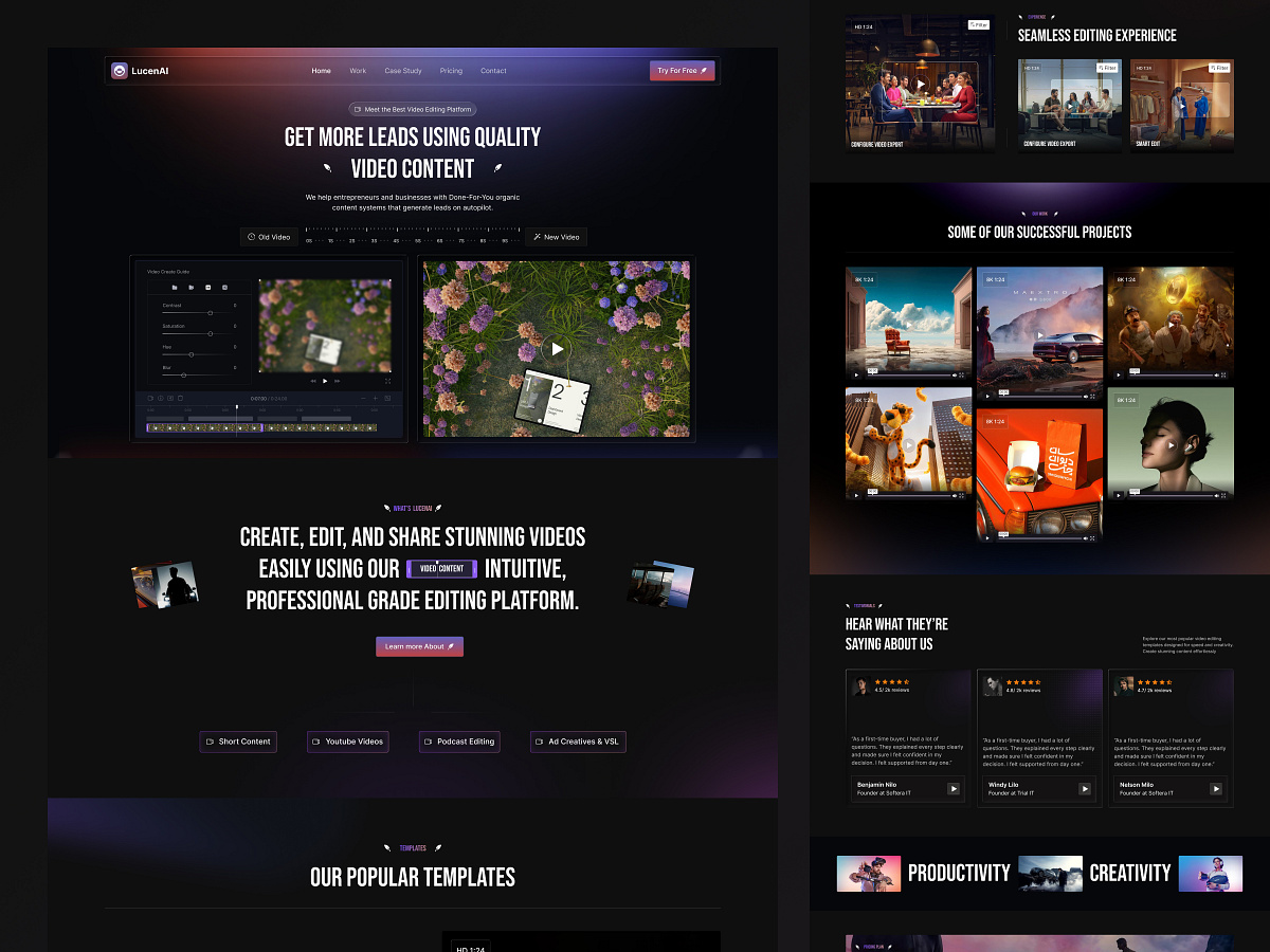 Cinematic Video Editing Landing Page (Dark UI)