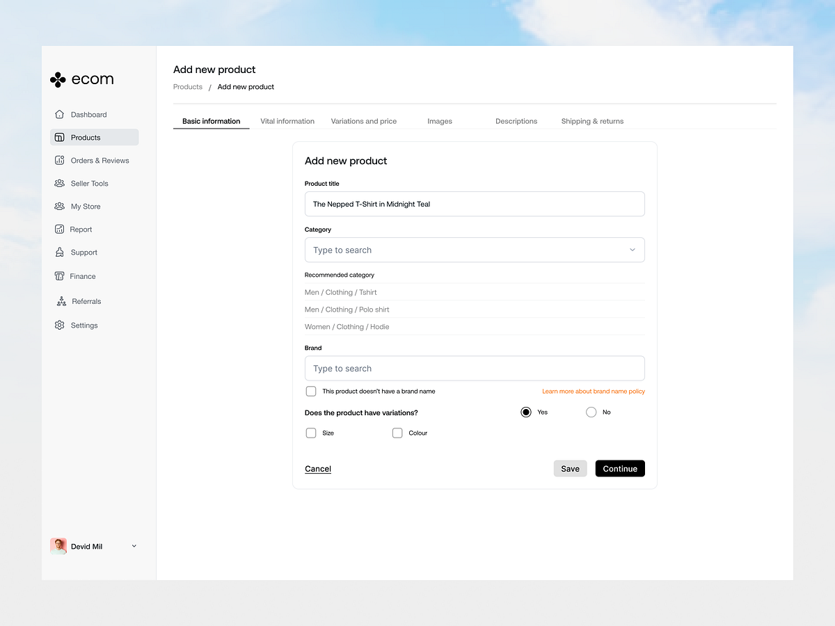 eCommerce dashboard design