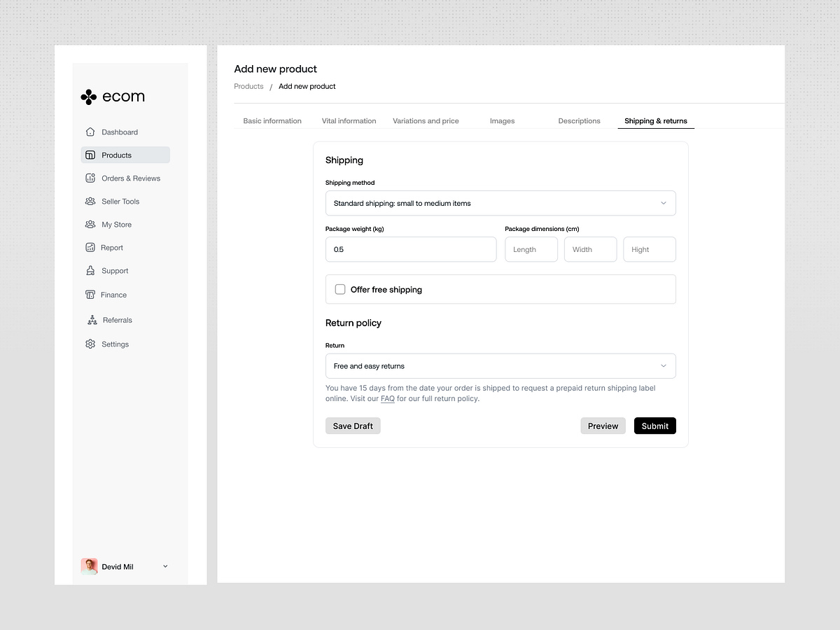 E-commerce Dashboard — Add New Product (Shipping & Returns)