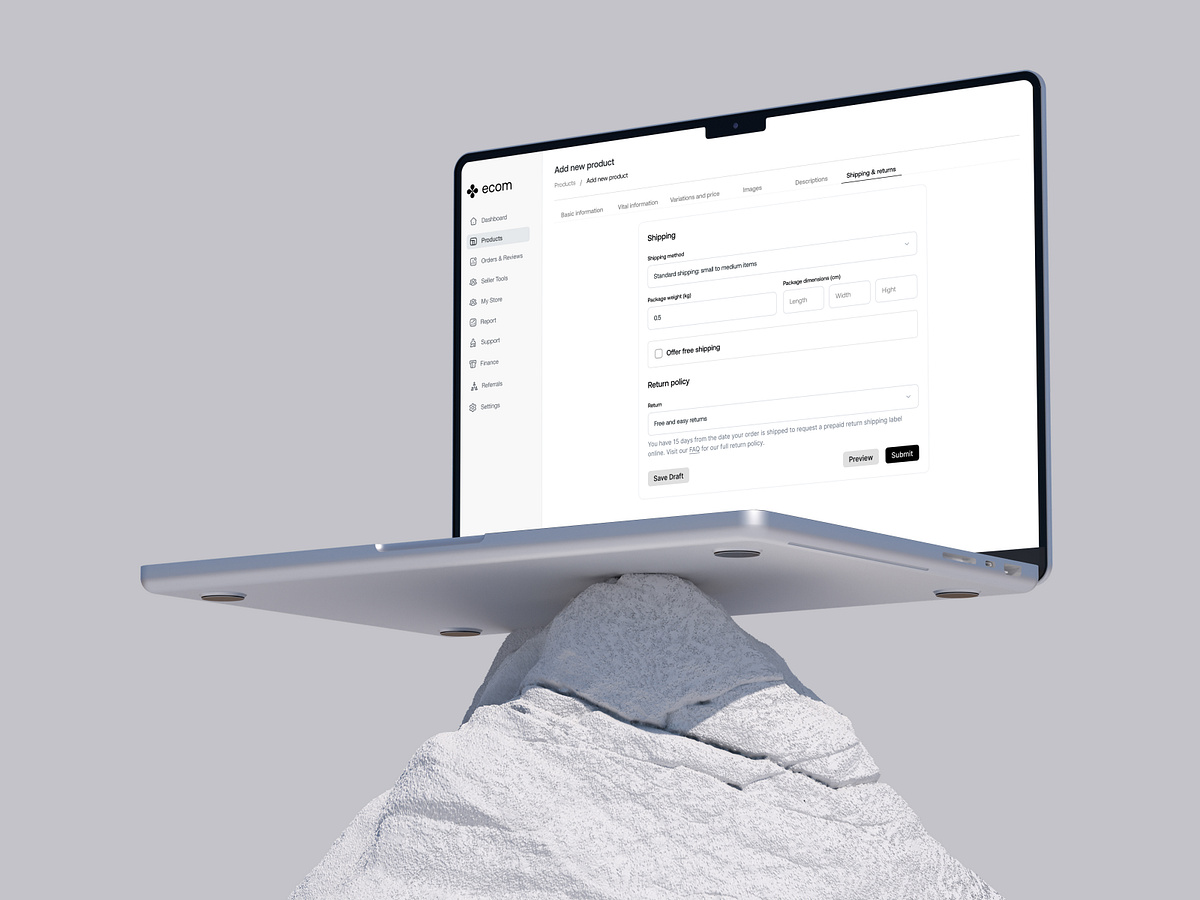 E-commerce Dashboard — Add New Product (Shipping & Returns) Image 1