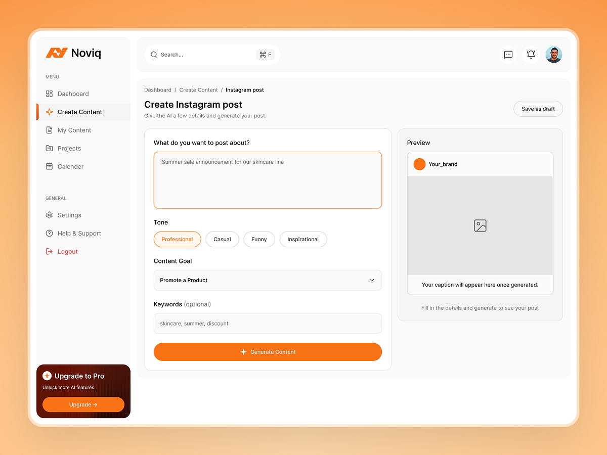 Noviq - AI Content Creation Flow - SaaS Dashboard UI