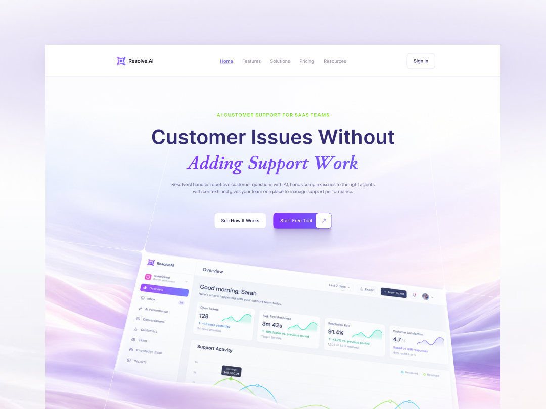 ✨ResolveAI — AI Customer Support SaaS Dashboard & Website