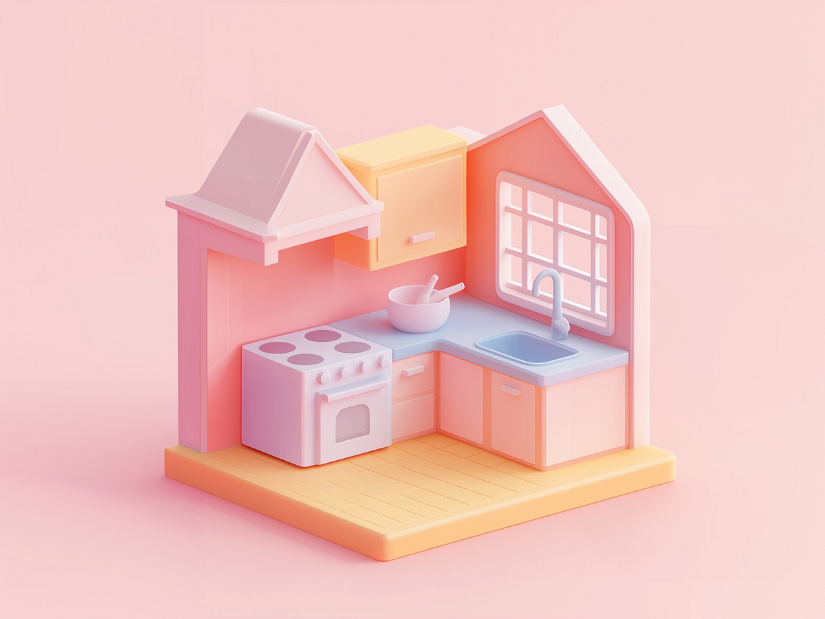 3D Mini Kitchen Design | Soft 3D Pastel Interior Design