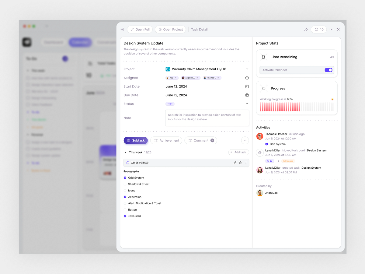 Task Detail Dashboard – Project Management SaaS UI