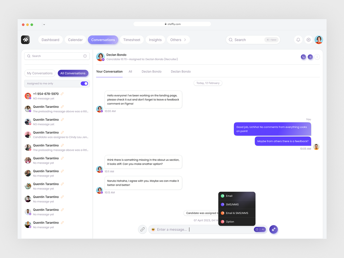 Recruitment CRM Conversations Dashboard UI