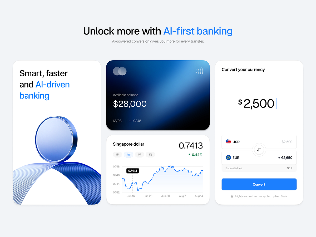 AI-first banking credit currency cards bento grid