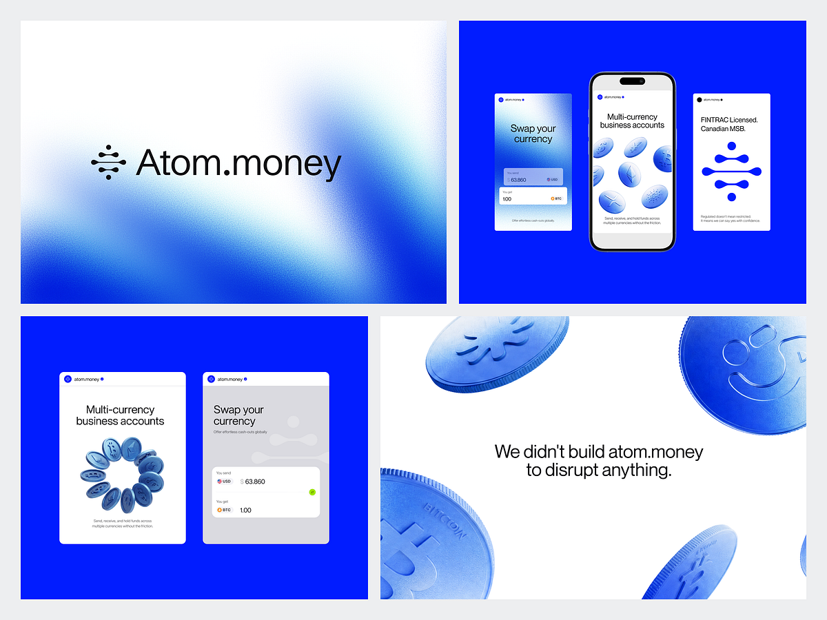 Branding system bento grid for fintech startup Atom