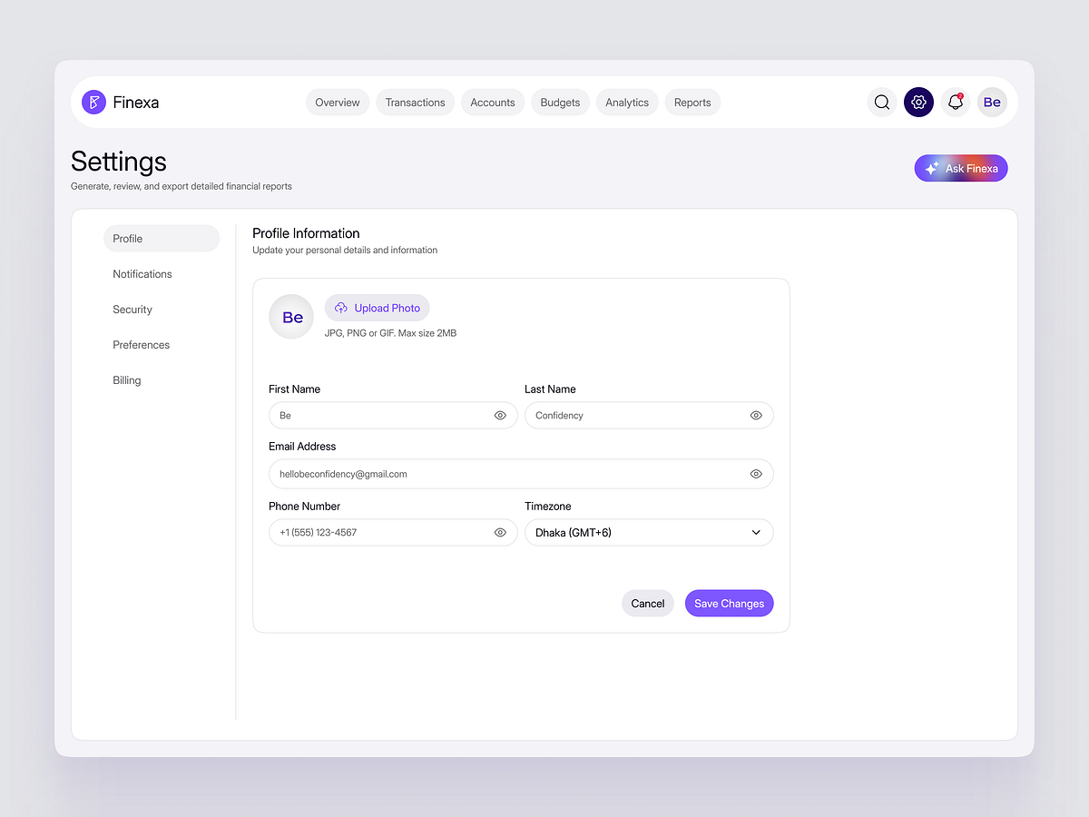 Finexa – Security Settings | Dashboard | SaaS | Web App