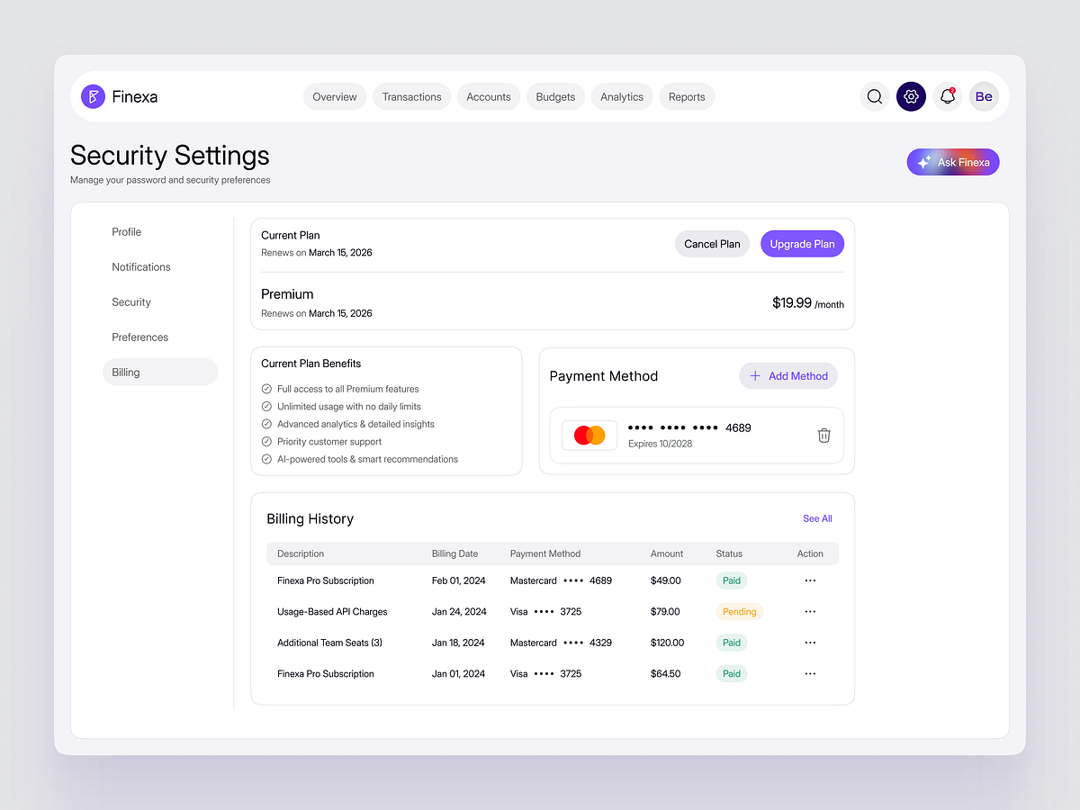 Finexa – Security Settings | Dashboard | SaaS | Web App Image 2