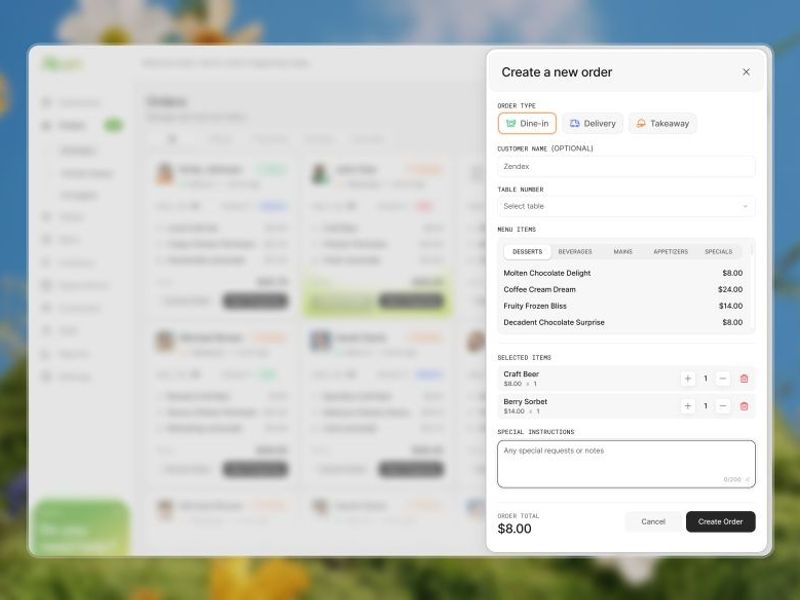 Restaurant Management Dashboard – Create New Order Product Page