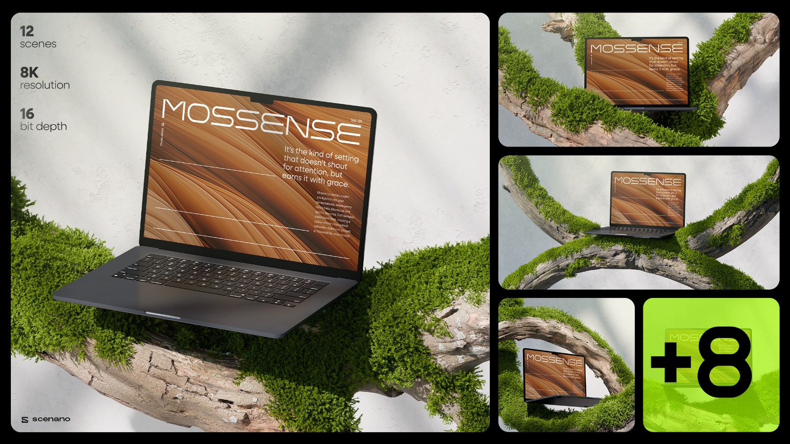 Mossense — 12 Laptop Mockup Scenes — Vol.01