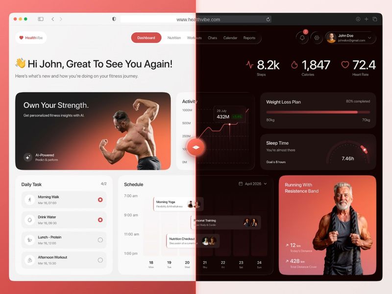 HealthVibe, Fitness Dashboard UI (Light & Dark Mode)