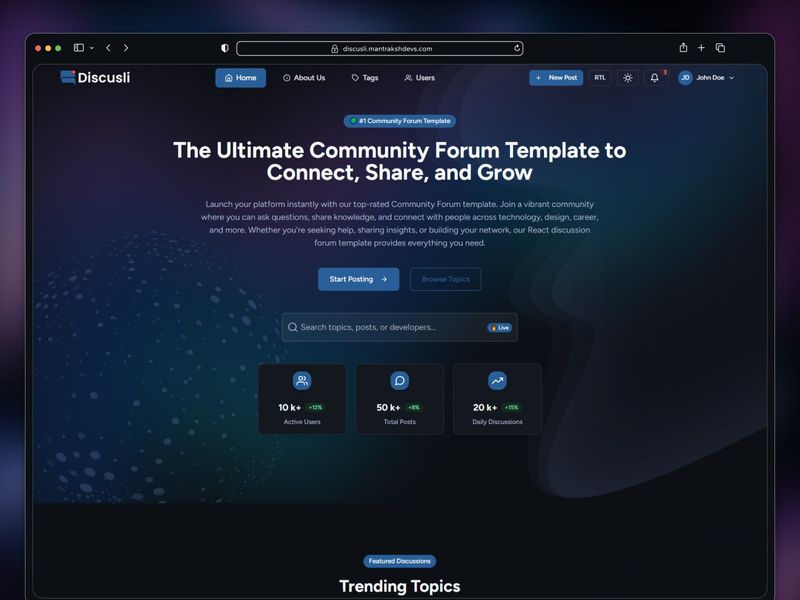 Discusli – Content-First Forum & Community UI System (React & Tailwind)