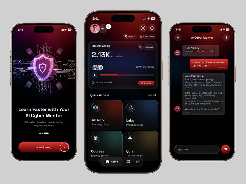 AI Security Learning Platform | Cyber Mentor Mobile UI UX
