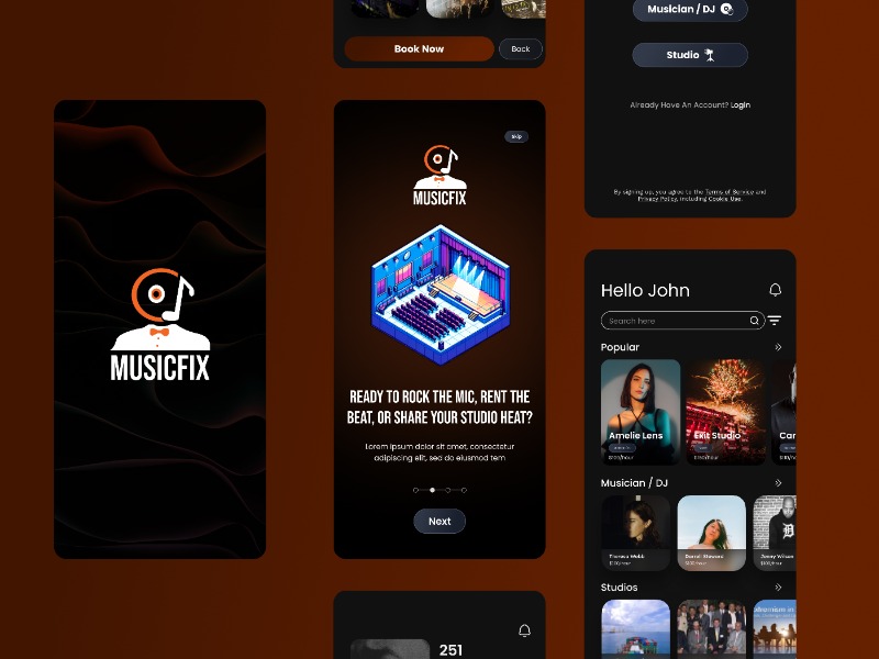 MusicFix App – Artist & Studio Booking Platform UI Design