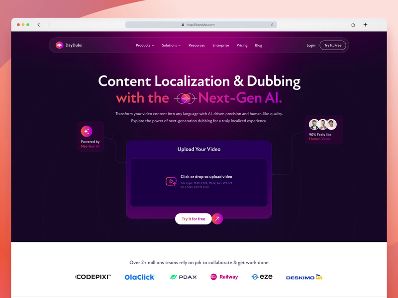 DayDubs Web UI –Bold, AI-Powered Localization Meets Intuitive UX by Vislume - ​UI/UX Design Agency