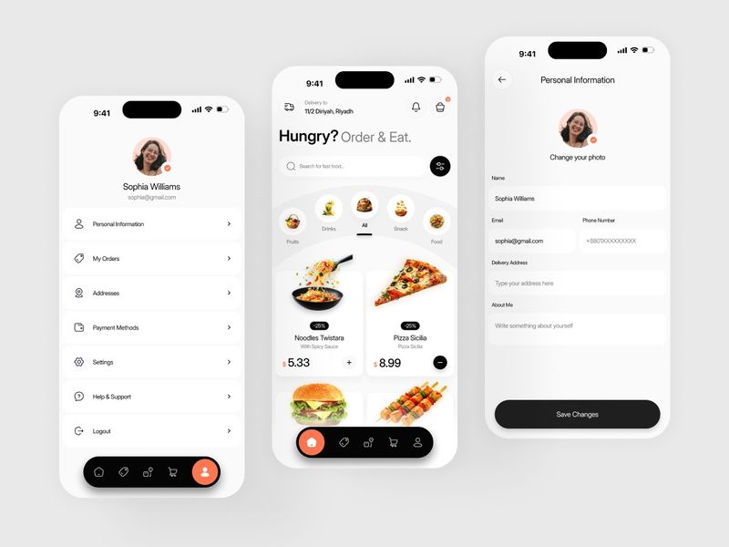 Modern Food Delivery App UI – Clean iOS Mobile Design with Profile & Ordering Flow