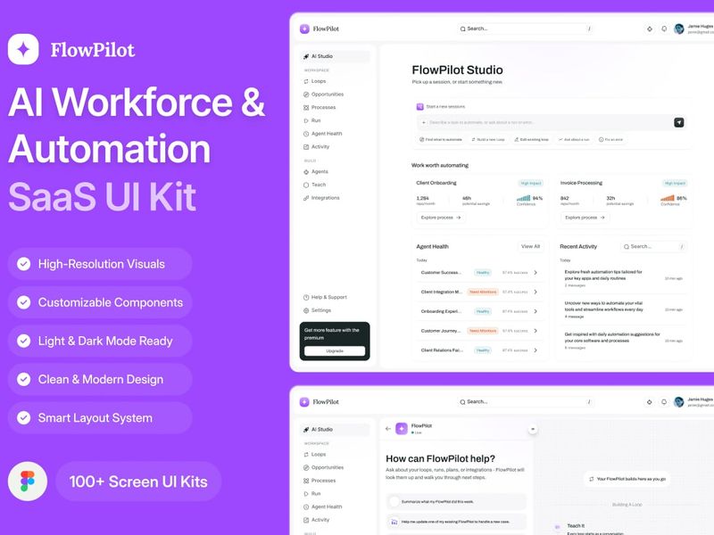 FlowPilot - AI Workforce & Automation SaaS UI Kit - SaaS design asset by ui8