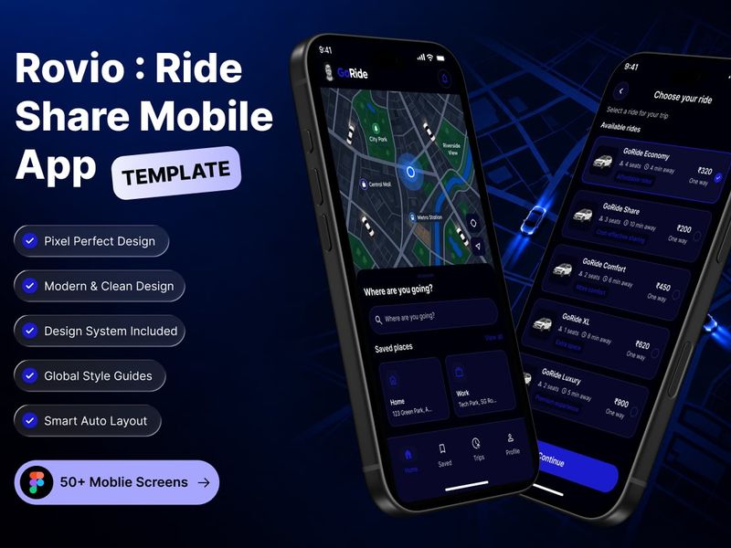 Rovio — Ride Sharing Mobile UI Kit - Mobile design asset by ui8
