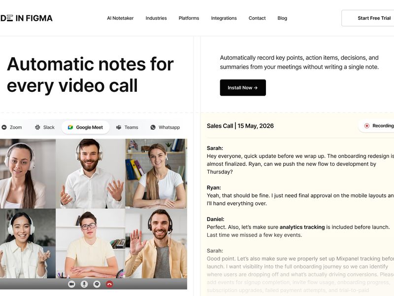 AI Note Taker Hero Section for SaaS Website