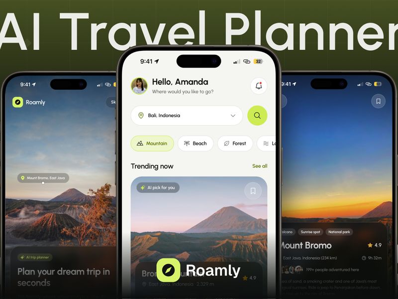 Roamly – AI Travel Planner Mobile App UI Kit - Mobile design asset by UI8