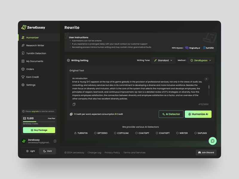 ZeroEssay – AI Humanizer & Rewrite Dashboar