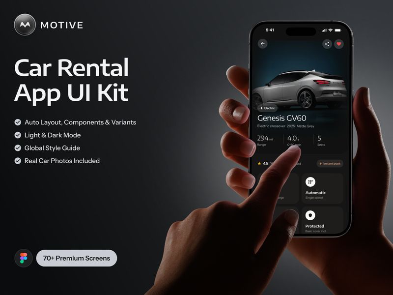 Motive – Car Rental Mobile App UI Kit (Dark & Light) - Mobile design asset by UI8