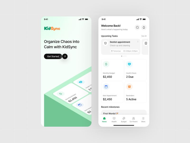 KidSync Family Organizer App – Onboarding & Home Dashboard UI