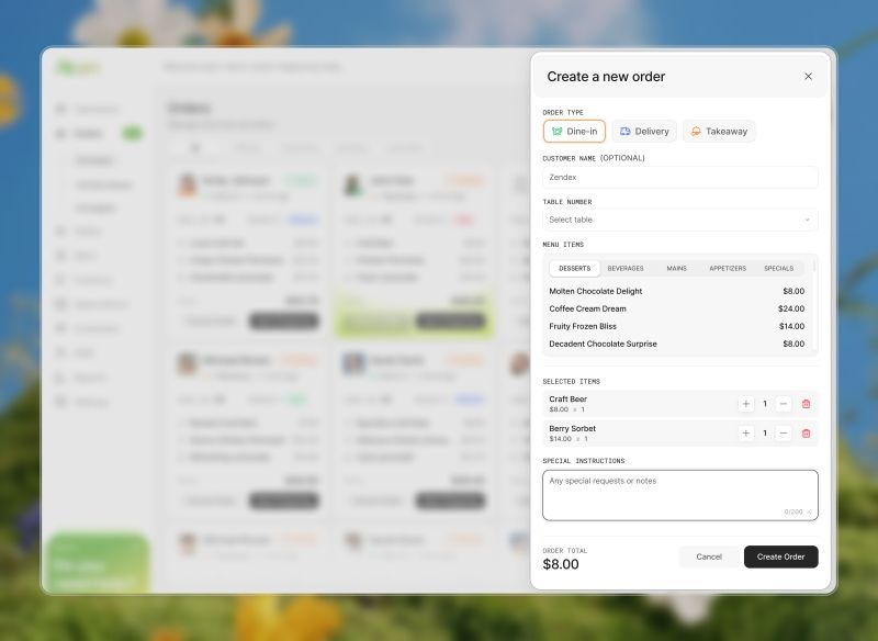 Restaurant Management Dashboard – Create New Order Product Page
