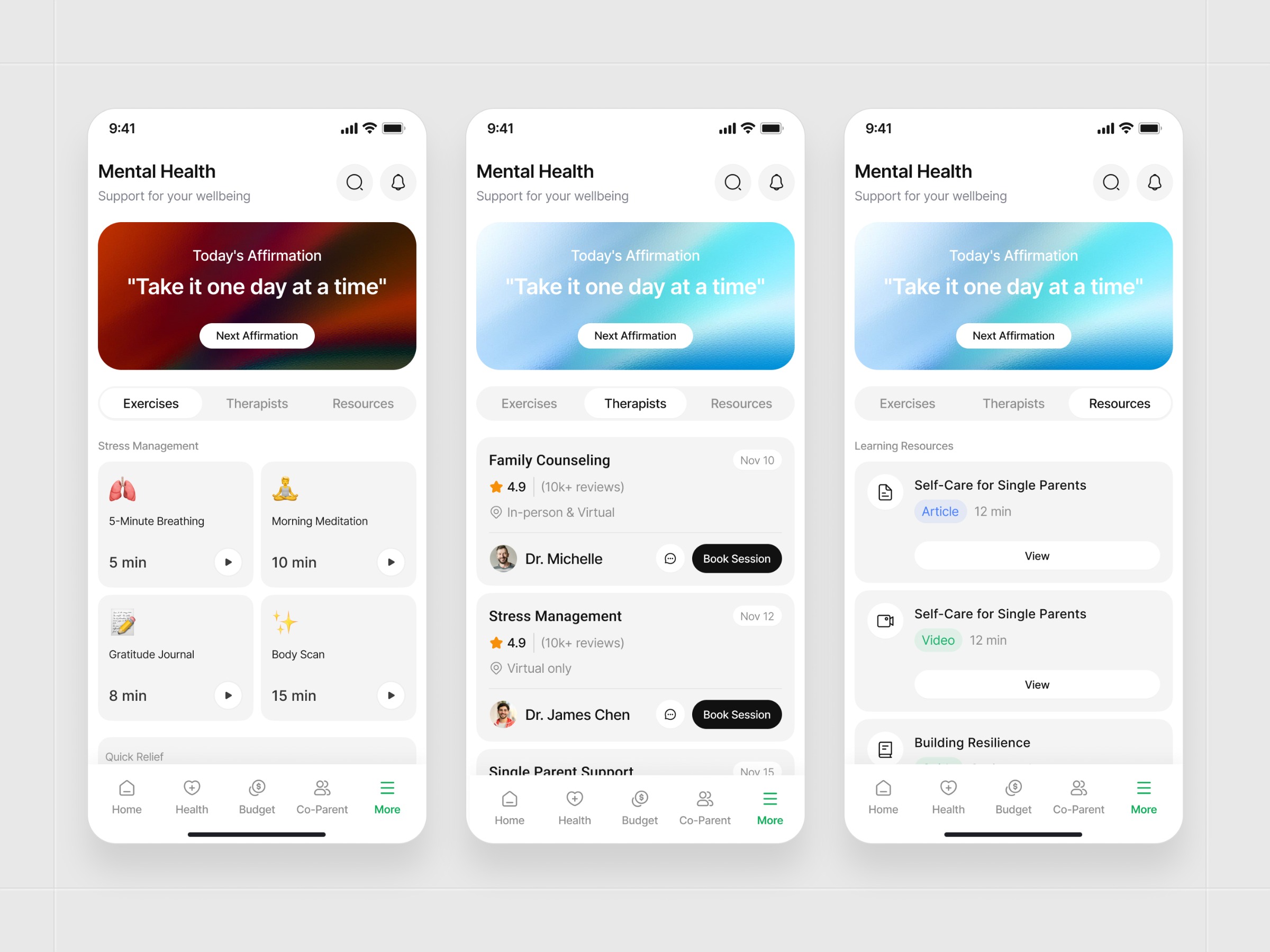 KidSync Co-Parenting App UI — Exercises, Therapists & Resources Pages