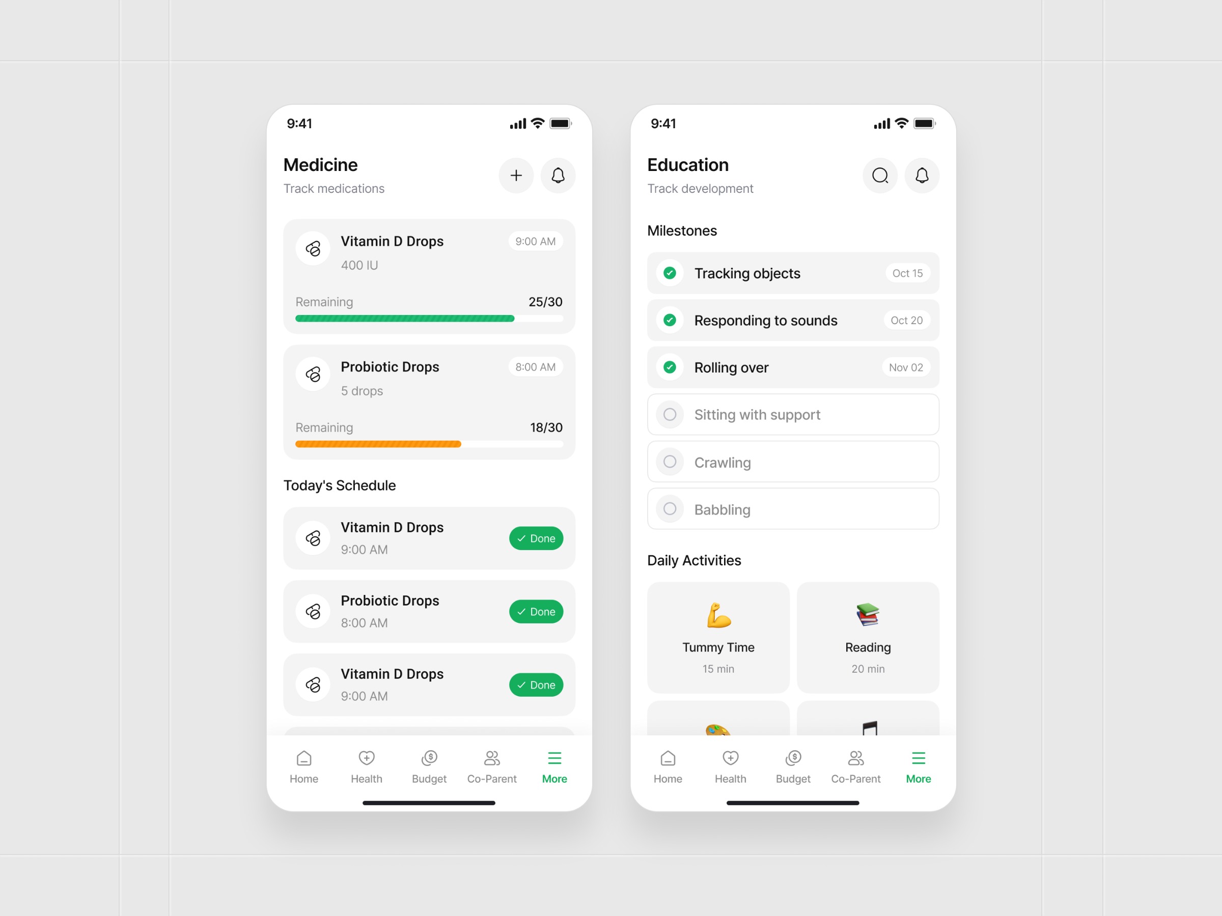 KidSync Co-Parenting App UI | Medicine Tracker & Child Education Progress Screens