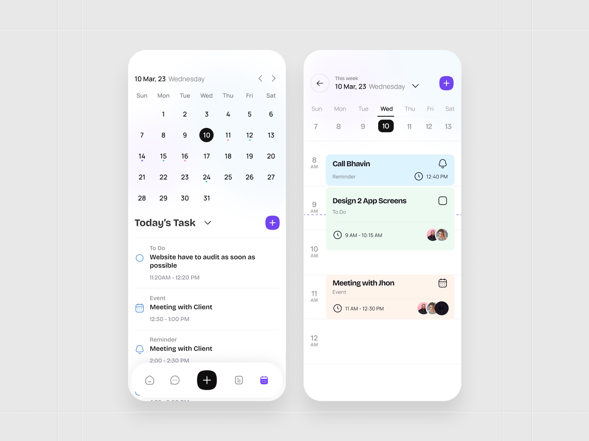 Task Management App UI – Calendar View & Daily Schedule Screens