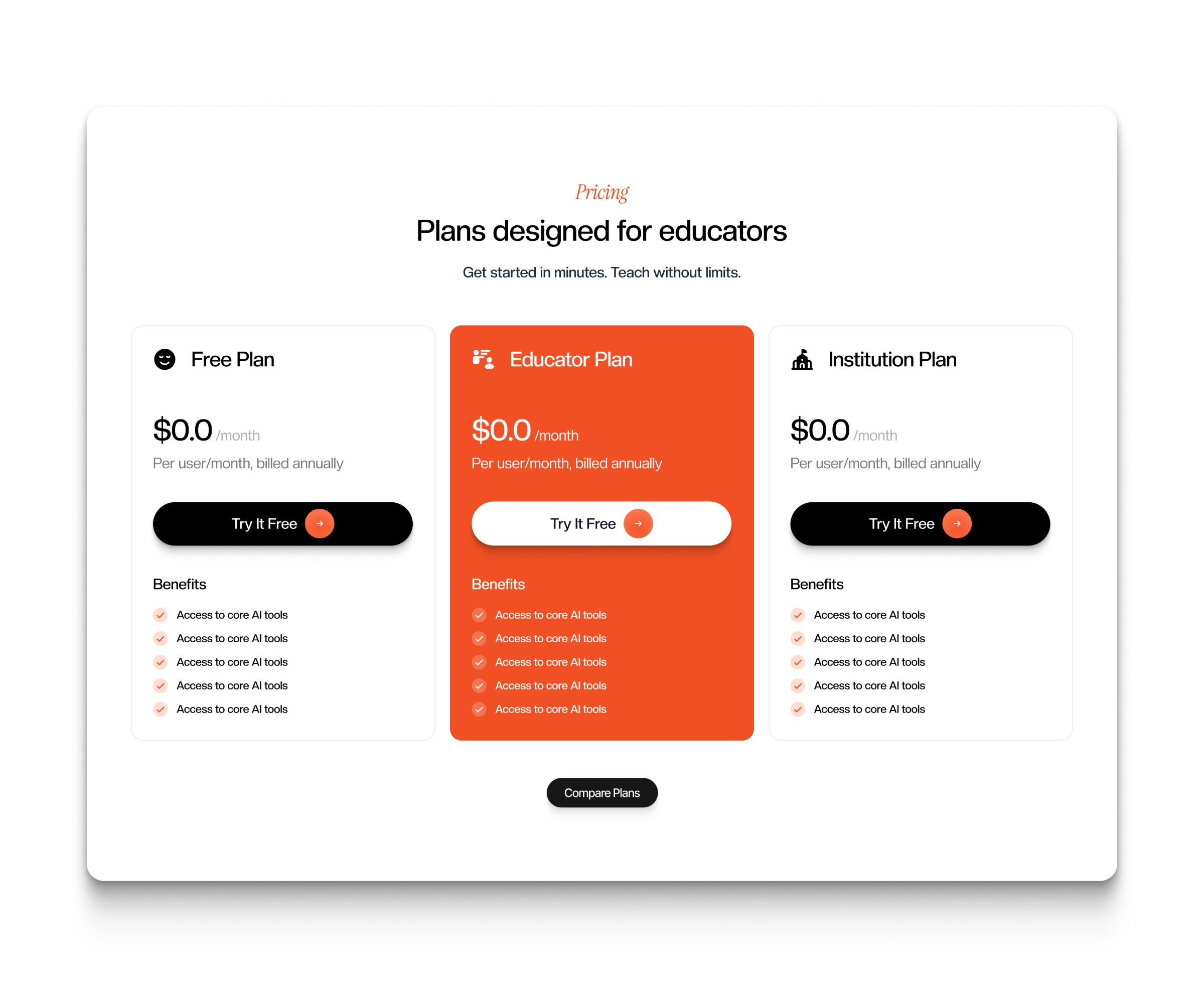 EdTech Platform UI – Pricing Plans for Educators Section