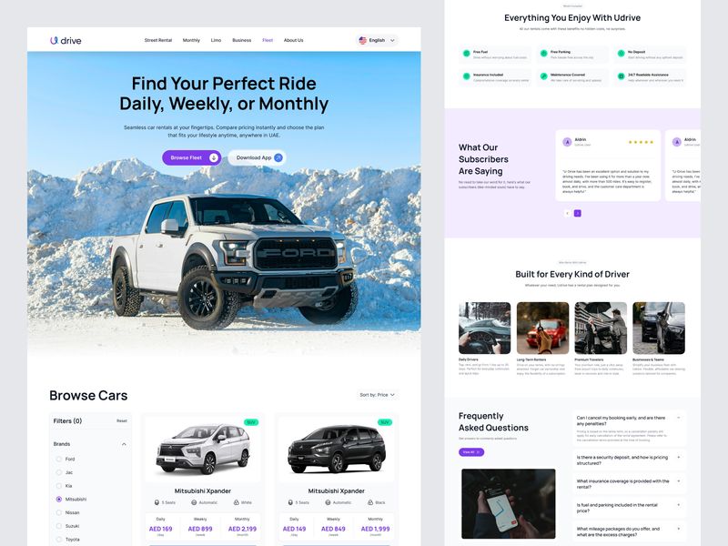 Car Rental Website UI Design — Udrive Fleet Page