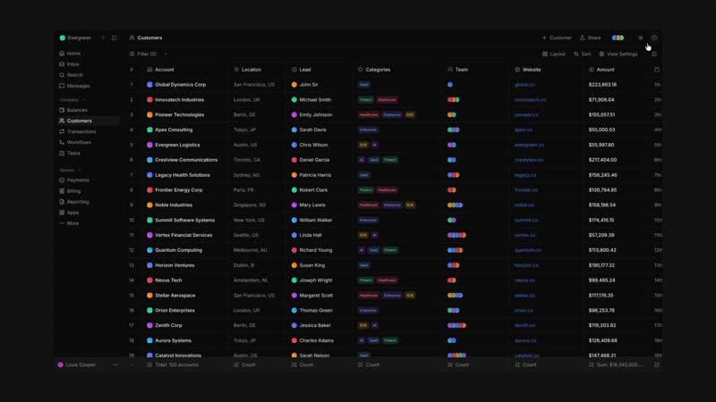 Customer account drawer/slider for a CRM table UI (Width-resizable).