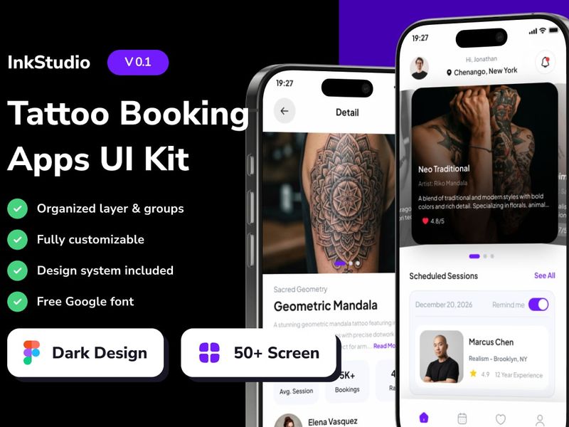 InkStudio - Tattoo Booking Mobile App UI Kits - Agency, Mobile design asset by ui8