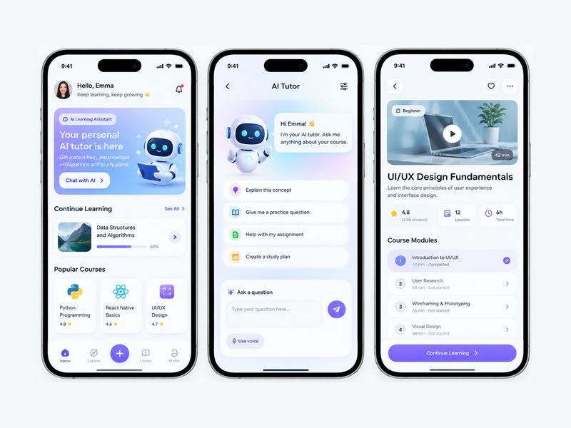 AI Learning Platform Mobile App UI — AI Tutor & Education