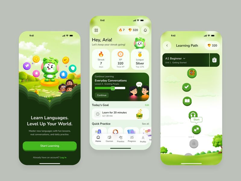 Duolingo-Inspired Gamified Language Learning App  This concept explores a modern, gamified language learning mobile experience designed to maximize engagement, retention, and daily habit formation — inspired by top-performing EdTech products like Duolingo.  Built with a product-first mindset, this design focuses not just on visuals, but on how users feel, behave, and stay motivated over time.  Design Highlights  1. Emotional & Friendly Visual Language  A soft green gradient system combined with a playful mascot creates an inviting, low-pressure learning environment. The character acts as a companion, reducing friction for new users and increasing emotional attachment  2. Motivation-Driven Dashboard  The home screen is designed to answer 3 key user questions instantly:  Where am I? (XP, League, Streak)  What should I do next? (Continue Learning)  Am I progressing? (Progress bars & goals)  This clarity reduces cognitive load and improves task completion rate.